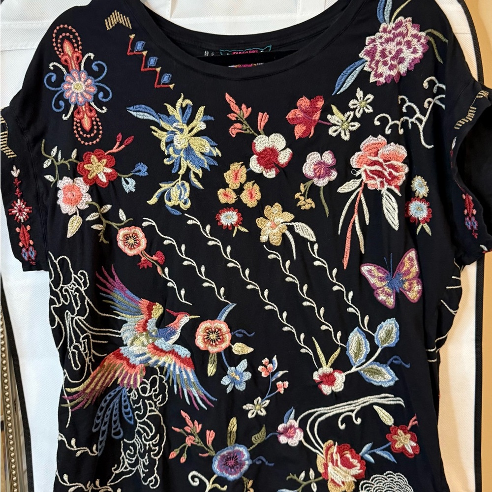 Johnny Was Floral Embroidered Black Top